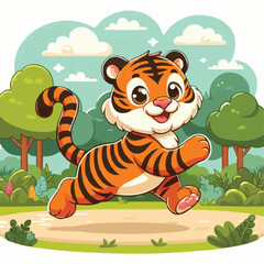 Wall Mural - a cartoon Tiger running happily in park