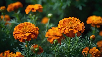 Vibrant orange marigold On A deep forest green backgro