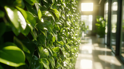 Poster - Green wall with lush plants in a sunlit modern corridor.