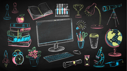 Wall Mural - vector color chalk drawn illustration collection of online education and science items on chalkboard