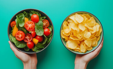 Hands holding bowls of salad and potato chips, representing a food choice.