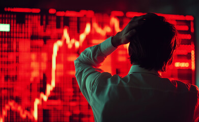 Wall Mural - Stressed man looking at declining stock market graphs on a computer screen.