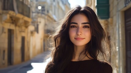 A beautiful Maltese woman. Malta. A beautiful Maltese woman. A young woman with long, flowing hair smiles warmly at the camera, standing in a sunlit, narrow street with charming architecture in. #wotw