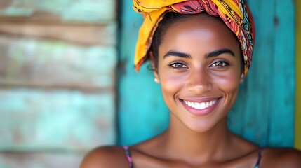 Wall Mural - A beautiful Mauritian woman. Mauritius. A beautiful Mauritian woman. A smiling young woman with a colorful headscarf poses against a rustic wooden background, exuding warmth and joy. . #wotw