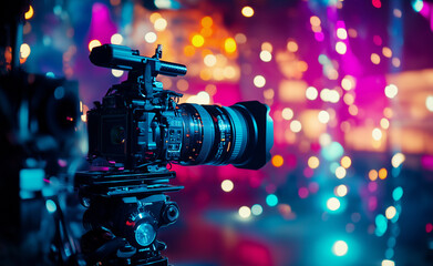 A professional video camera recording in a vibrant, colorful studio with blurred lights in the background.