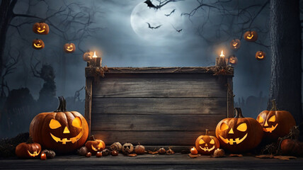 Rustic blank wooden empty board in the spooky foggy mistic forest during full moon night. Haloween concept.