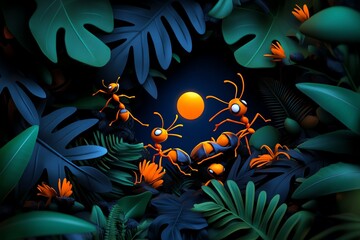 Poster - Vibrant digital illustration of ants in a lush tropical forest with bold colors and captivating details.