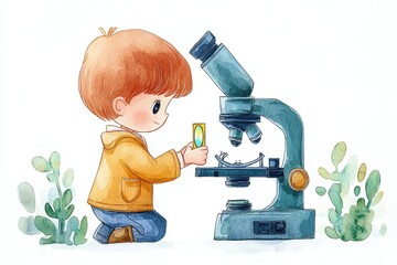 A young child examining a slide under a microscope, illustrated in a charming watercolor style.