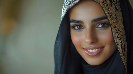 A beautiful Saudi woman. Saudi-Arabia. A beautiful Saudi woman. A beautiful young woman wearing a black hijab with intricate gold detailing smiles warmly at the camera, showcasing her radiant c. #wotw