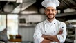 © Irina Ukrainets - A happy male chef stands proudly in a modern restaurant kitchen. He wears a classic white uniform and a chef hat. This image captures the essence of culinary passion and professionalism. AI