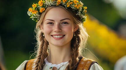 A beautiful Swedish woman. Sweden. A beautiful Swedish woman. A cheerful young woman with braided hair and a flower crown smiles warmly, embodying a sense of joy and nature in a bright outdoor . #wotw