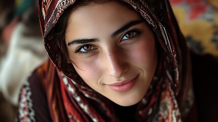 A beautiful Syrian woman. Syria. A beautiful Syrian woman. A close-up portrait of a young woman wearing a colorful headscarf, with expressive brown eyes and a warm smile, conveying beauty and c. #wotw