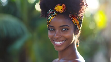 A beautiful Trinidadian woman. Trinidad-and-Tobago. A beautiful Trinidadian woman. A joyful young woman with a vibrant headwrap smiles warmly against a blurred natural background, embodying bea. #wotw