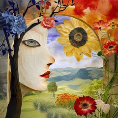 Wall Mural - Mysterious female face and flowers on the background of mountains. Abstract illustration.