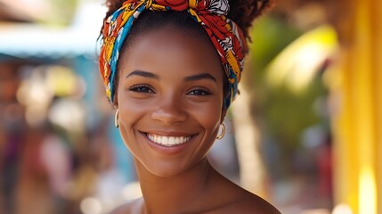 Wall Mural - A beautiful Vincentian woman. Saint-Vincent-and-the-Grenadines. A beautiful Vincentian woman. A vibrant portrait of a smiling young woman with a colorful head wrap, exuding joy and confidence i. #wotw