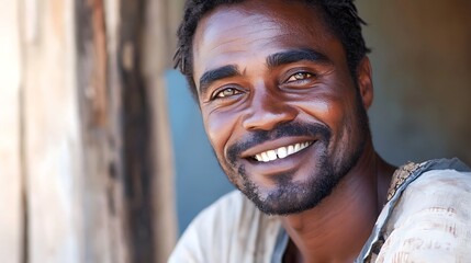 Wall Mural - A handsome Angolan man. Angola. A smiling man with a warm expression, showcasing a sense of joy and authenticity in a natural setting. . #motw