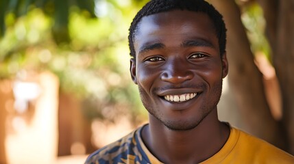 Wall Mural - A handsome Burkinabe man. Burkina-Faso. A cheerful young man with a warm smile stands in a lush outdoor setting, embodying joy and positivity. . #motw