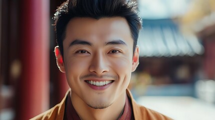 Wall Mural - A handsome Chinese man. China. Smiling man wearing an orange jacket stands in a traditional outdoor setting, exuding warmth and positivity. . #motw