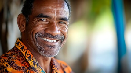 A handsome East-Timorese . East-Timor. A cheerful man with a warm smile wearing a colorful patterned shirt, captured in a vibrant outdoor setting. . #motw