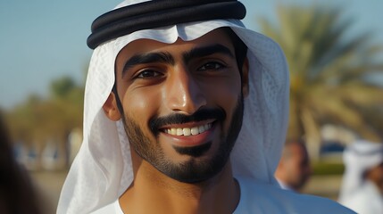 A handsome Emirati man. United-Arab-Emirates. A cheerful young man in traditional Emirati attire smiles warmly against a sunlit outdoor backdrop. . #motw