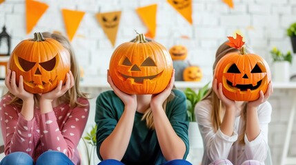 happy kids at a halloween pumpkin