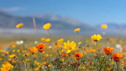 Canvas Print - Golden Wildflowers Blooming Under Clear Blue Sky in Springtime Landscape