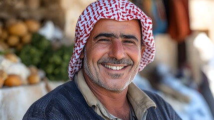 A handsome Jordanian man. Jordan. A cheerful man wearing a traditional red and white headscarf smiles confidently in a vibrant market setting, showcasing local produce and cultural heritage. . #motw