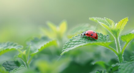 Poster - Ladybug Resting on Green Leaf in a Sunlit Garden