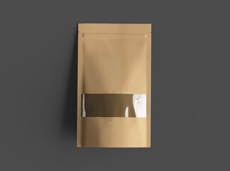 Render of a long paper doypack with the window hole on a dark background