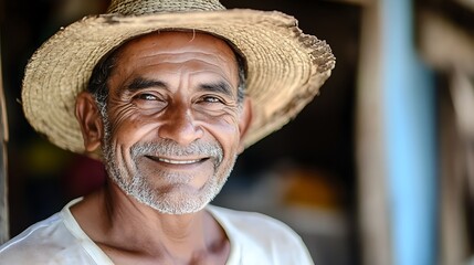 Wall Mural - A handsome Panamanian man. Panama. A smiling older man wearing a straw hat, showcasing a warm and joyful expression against a rustic background. . #motw