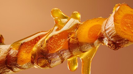 Wall Mural - A modern and clean close-up photograph of a turmeric cross-section with honey flowing over it, set against a luxurious wine-colored background. The orange hue of the turmeric is emphasized