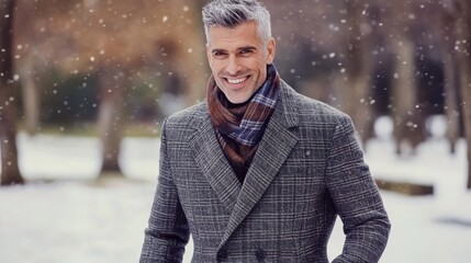 Sticker - Handsome Mature Man Smiling in Snowy Winter Park Scene