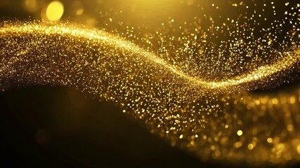 Poster - Golden particles swirl gracefully over a dark background, creating a mesmerizing visual effect in a softly illuminated setting.