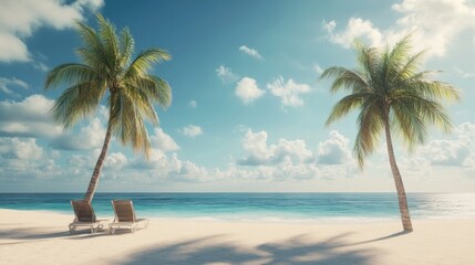 Canvas Print - Palms on empty idyllic tropical sand beach.