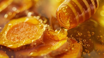 Wall Mural - A modern and clean close-up photograph of a turmeric cross-section with honey flowing over it, set against a luxurious wine-colored background. The orange hue of the turmeric is emphasized