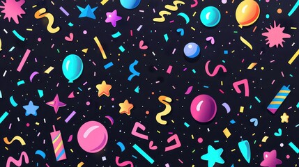 Wall Mural - A colorful abstract background with balloons, confetti, and stars on a black background.