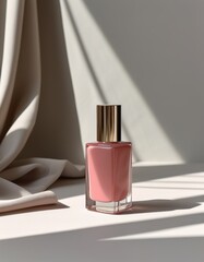 Elegant pink nail polish, softly illuminated against a backdrop of flowing fabric, reflecting a stylish and minimalistic aesthetic, perfect for beauty enthusiasts.