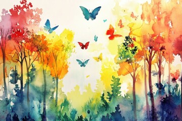 Poster - Vivid watercolor painting of an autumn forest with butterflies. Bright colors evoke a serene and lively atmosphere.