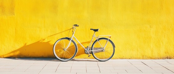 White Bicycle Parked Against Yellow Wall