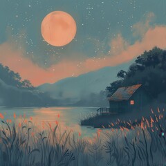 A peaceful cabin situated on a lakeshore illuminated by a full moon and a starry night sky