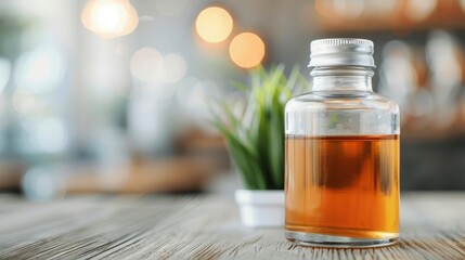 Glass Bottle With Amber Liquor and Green Plant in Modern Cafe