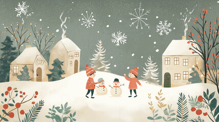 Wall Mural - A painting of a snowy scene with a boy and girl playing in the snow