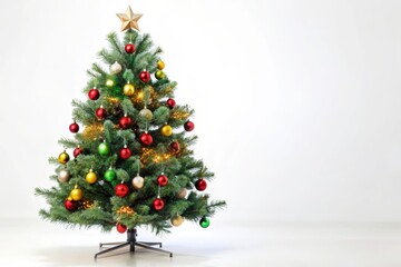 a classic christmas tree adorned with colorful ornaments, twinkling lights, and a golden star on top
