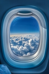 Wall Mural - The blue sky is filled with clouds and the windows of the airplane are open. The view from the windows is breathtaking and the passengers are enjoying the view