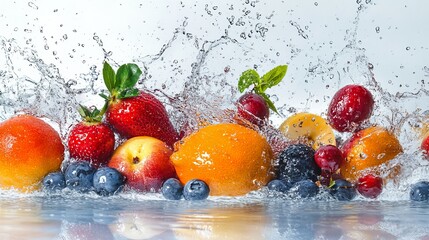 Fresh fruits splashing in water during a bright summer day