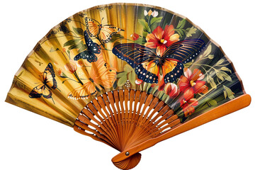 Wall Mural - colorful decorative hand fan with hand-painted butterflies isolated on transparent background