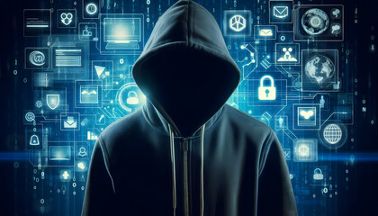 Illustration of anonymous hacker with hoodie and computer symbols in background, digital concept