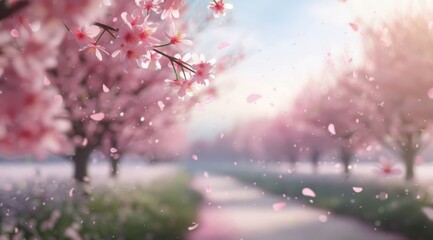 Wall Mural - Cherry Blossom Pathway in Springtime With Petals Falling in the Breeze