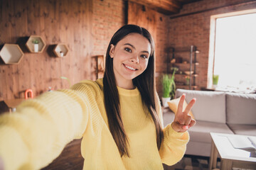 Poster - Photo portrait of nice teen lady take selfie photo show v-sign dressed yellow garment spend pastime spacious house indoors room