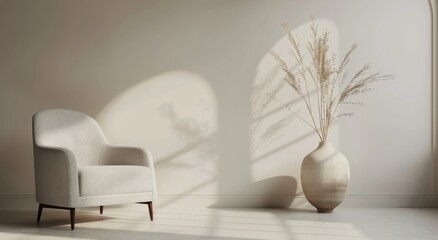 Canvas Print - Cozy Modern Chair Beside Elegant Dried Plant Arrangement in Bright Room